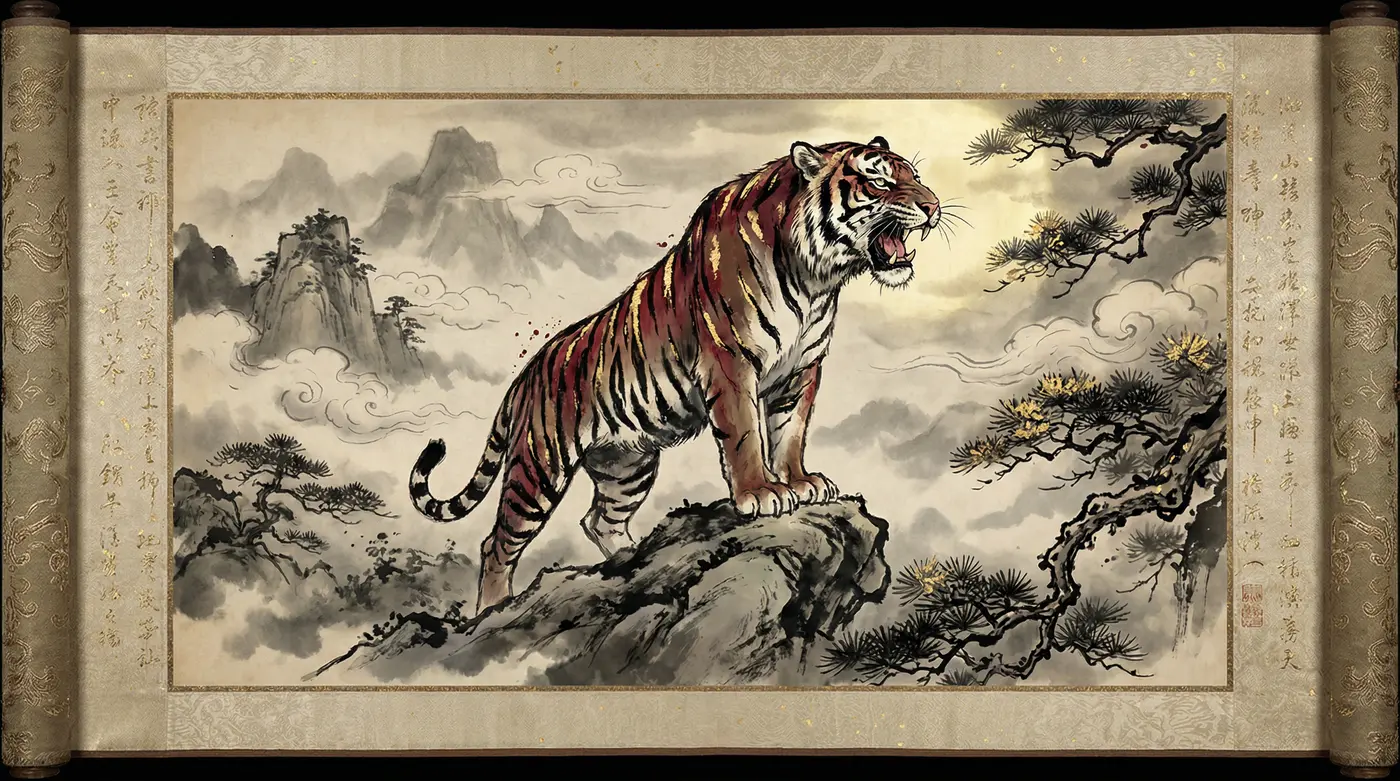 水墨虎画卷轴 - 四虎影视 | 虎文化收藏精品